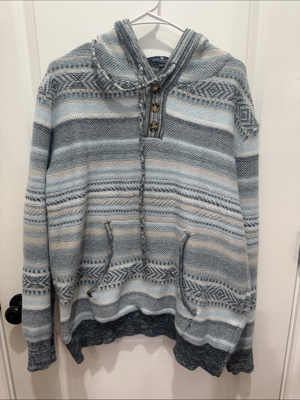 Simply Southern Men's Striped Crewneck Sweater in Light Blue, Gray & Cream